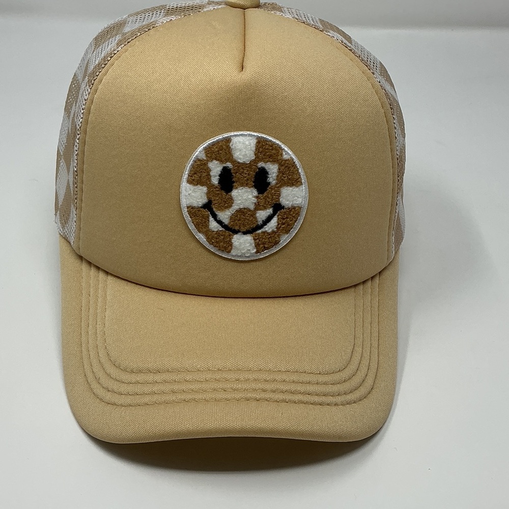 Neutral Smiley Trucker Hat 🤎 Checker Patch Snapback